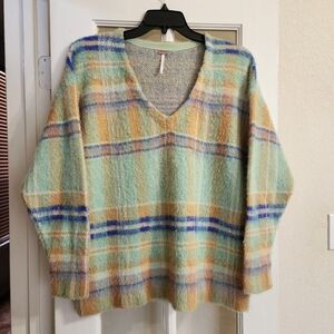 Free People Oversized Pastel Plaid Fuzzy Sweater V Neck XS